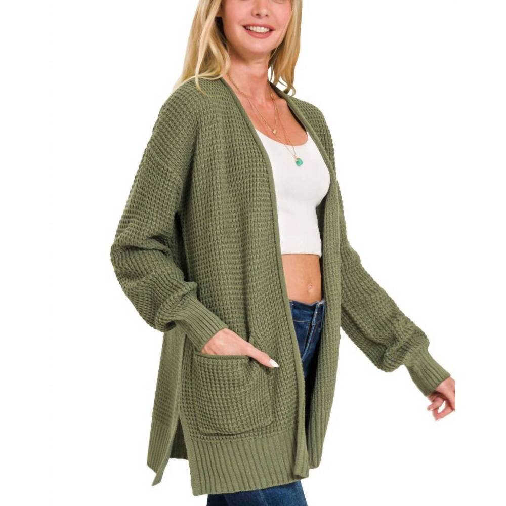 NEW VANILLA MONKEY cuddle up waffle open cardigan sweater in light olive